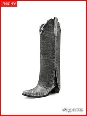 Betastella Womens Denim Knee High Cowboy Boots Pointed Toe Block Heel Pull On